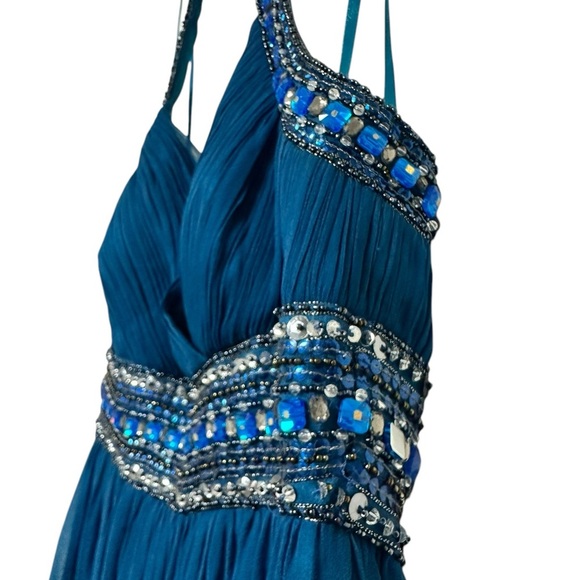 Adrianna Papell Blue Halter Dress with Beaded Details for Prom or Formal - Picture 6 of 16